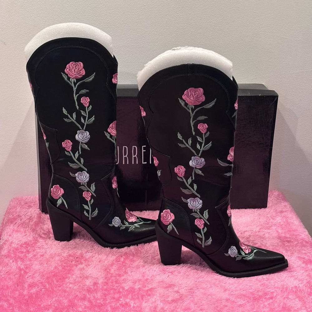Current Mood Dolls Kill Western Rose Knee High Pointed Toe Cowboy Boots Size 10